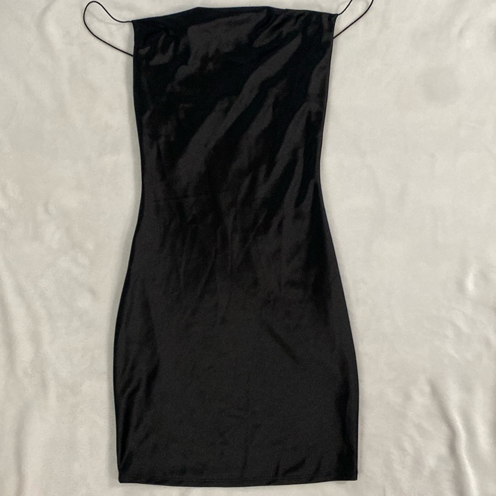 Black satin spaghetti strap mini dress